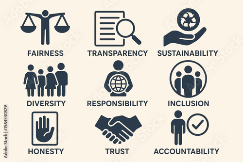 Icons representing fairness, transparency, sustainability, diversity and inclusion