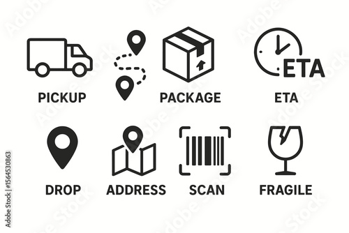 Icons for pickup, package, eta, drop, address, scan, fragile in delivery services
