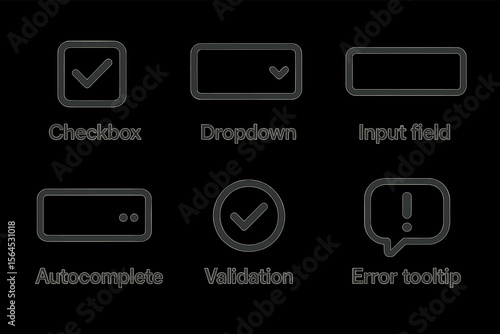 Ui elements: checkbox, dropdown, input field, autocomplete, validation, error tooltip icons