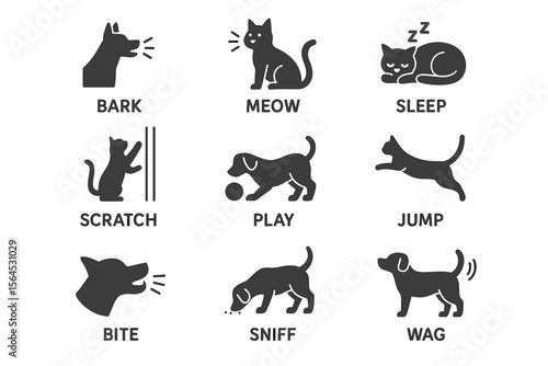 Dog and cat behavior icons: barking, meowing, sleeping, playing, jumping, sniffing