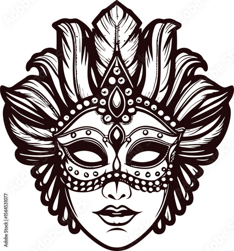 Ornate masquerade mask with feathers and jewels, elegant vintage face illustration in black and white