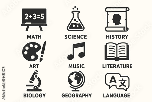 Educational icons: math, science, history, art, music, literature, biology, geography, language