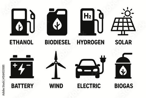 Renewable energy icons: ethanol, biodiesel, hydrogen, solar, battery, wind, electric, biogas