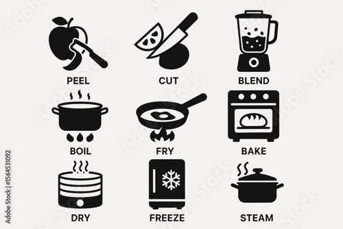 Icon set: peel, cut, blend, boil, fry, bake, dry, freeze, steam cooking methods