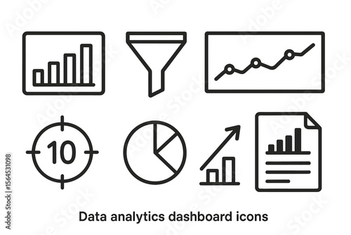 Data analytics dashboard icons: charts, graphs, funnel, pie, report, target