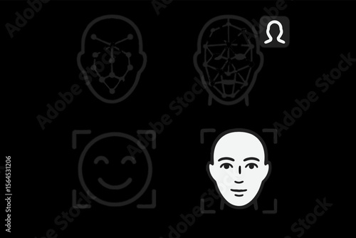 Facial recognition icons with head outlines and expressions in black and white