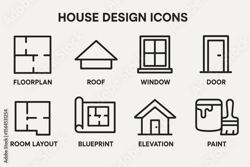 House design icons: floorplan, roof, window, door, room layout, blueprint, elevation, paint