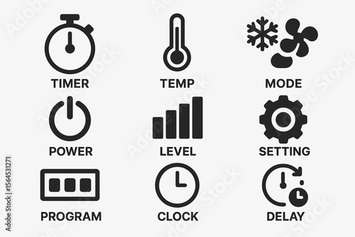Air conditioner control icons: timer, temperature, mode, power, level, setting, program, clock, delay