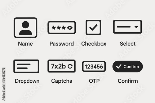 User interface icons: name, password, checkbox, select, dropdown, captcha, otp, confirm