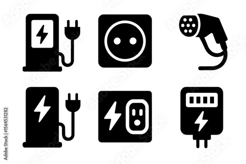 Electric vehicle charging icons: power stations and connector symbols