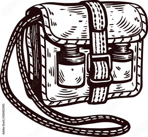 Vintage engraved illustration of a leather satchel with bottles and shoulder strap, hand drawn isolated
