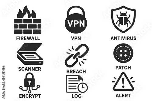 Firewall vpn antivirus scanner breach patch encrypt alert log icons