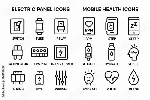 Electric panel and mobile health icons: switch, fuse, bpm, glucose