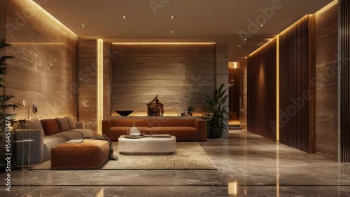 A interior of a luxurious living room with marble floors and ambient lighting and modern furniture a