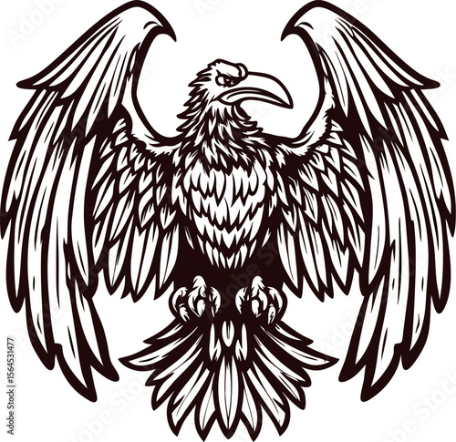 Spread winged eagle in vintage engraved style, detailed monochrome illustration with bold feather texture