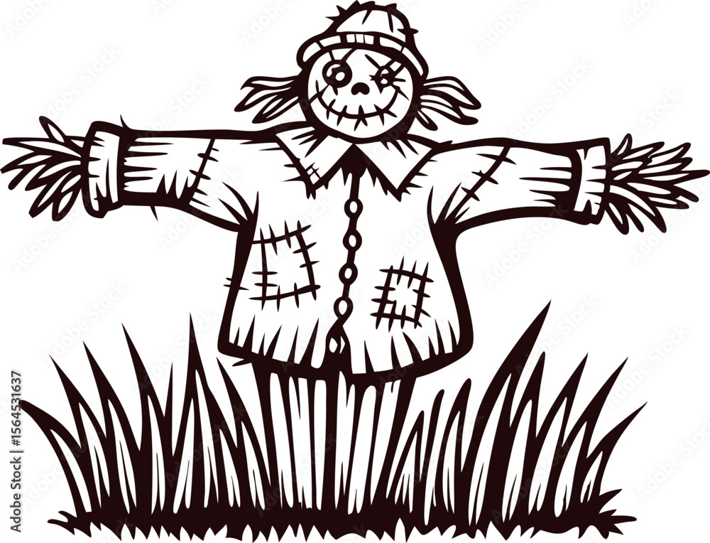 Fototapeta premium Hand drawn scarecrow with stitched face and patchwork clothing standing in grass, black and white illustration