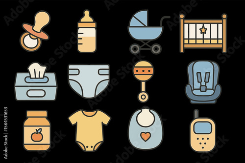 Colorful baby essentials icons: pacifier, bottle, stroller, crib, diaper, wipes, rattle, car seat
