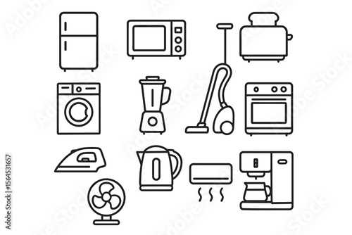 Home appliance icons: fridge, microwave, toaster, vacuum, oven, washer, blender, iron, kettle, fan, coffee maker, ac