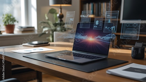 Wallpaper Mural Modern Minimalist Office Workspace with Laptop and Futuristic Interface Torontodigital.ca