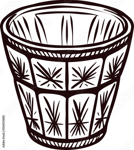 Hand drawn vintage glass tumbler with decorative etching in sketch isolated