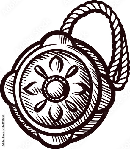 Hand drawn traditional medallion pendant with floral pattern and braided loop isolated on white background