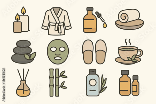 Spa icon set featuring candles, robe, oils, stones, mask, slippers, tea, diffuser, bamboo