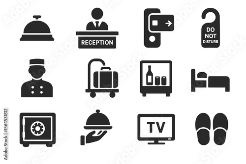 Hotel service icons: reception, room, amenities, travel, hospitality, concierge, luggage