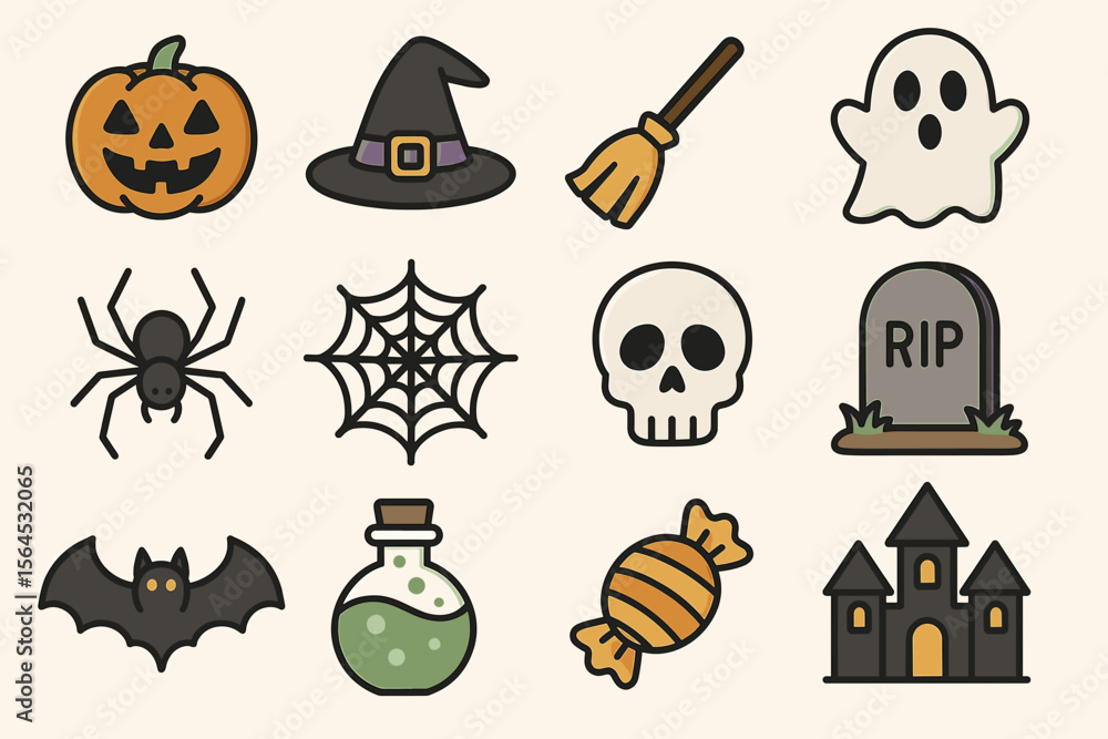 Obraz premium Halloween icon set featuring pumpkin, witch hat, ghost, and haunted house elements