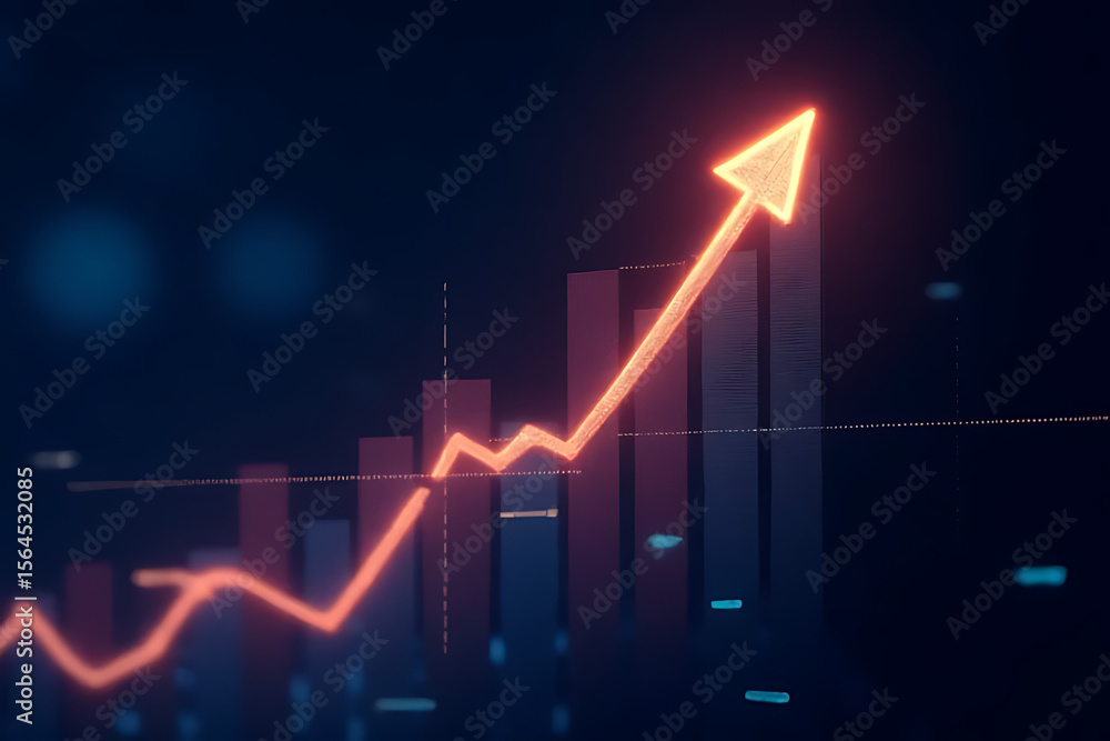 Fototapeta premium Bright orange arrow graph showing upward trend against a dark blue background with blurred digital data bars and light effects