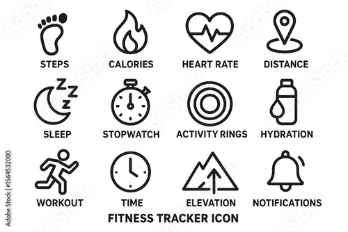 Fitness tracker icons: steps, heart rate, calories, distance, sleep, hydration, workout
