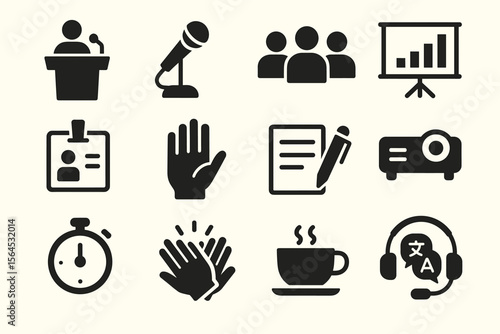 Conference icons: microphone, presentation, id badge, hand, notes, projector, stopwatch, applause, coffee, translation