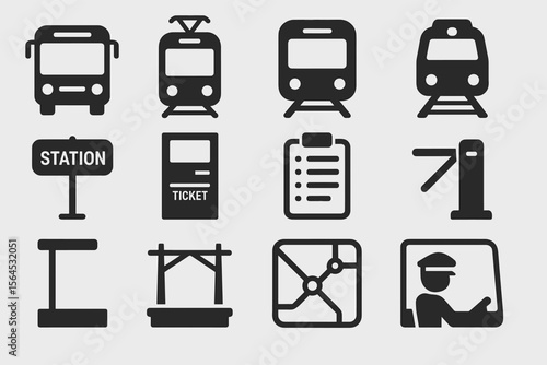 Public transport icons set: bus, tram, train, station, ticket, map, symbols collection
