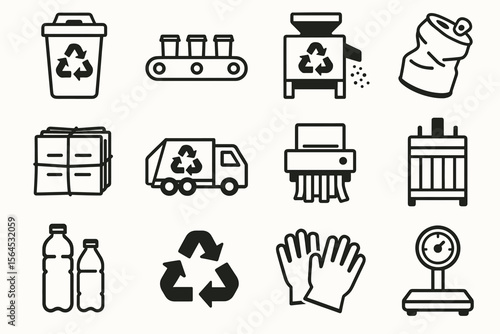 Recycling symbols set: waste management icons and eco-friendly tools