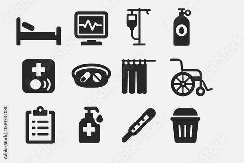 Medical equipment icons set including bed, monitor, iv drip, oxygen tank, pill box, and thermometer