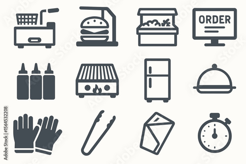 Restaurant equipment: fryer, burger, salad, order screen, condiments, grill, fridge, dish, gloves, tongs, carton, timer