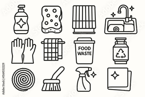 Household cleaning icons: soap, sponge, gloves, towel, waste bin, recycling, brush, spray, cloth