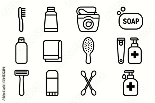 Basic personal hygiene icons including soap, toothbrush, towel, and more essentials