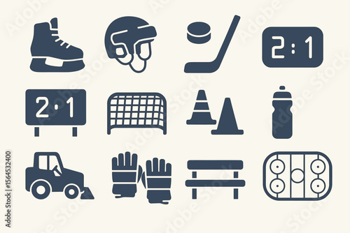 Ice hockey equipment icons: skates, helmet, puck, scoreboard, hockey stick