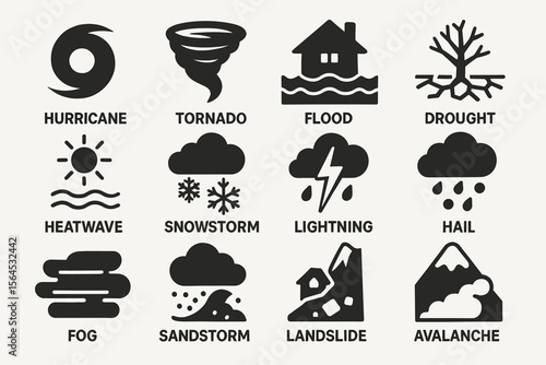 Weather icons: hurricane, tornado, flood, drought, heatwave, snowstorm, lightning, hail, fog, sandstorm, landslide, avalanche