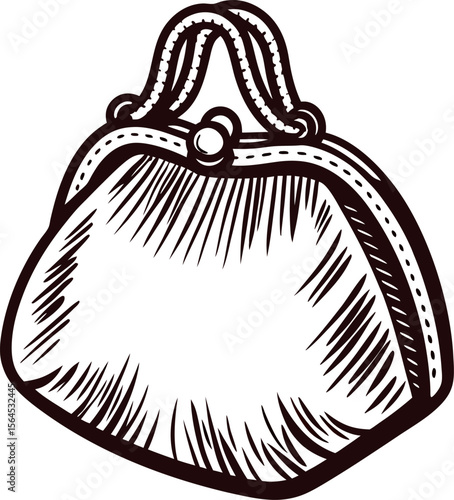 Hand drawn vintage coin purse illustration with clasp closure and textured shading