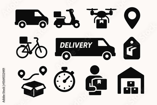 Delivery icons set featuring van, drone, bicycle, and more for efficient transport