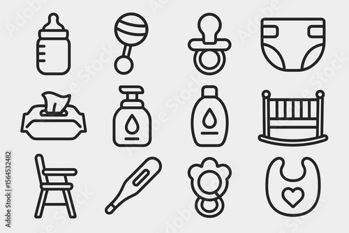 Baby essentials icons: bottles, toys, diapers, and furniture in simple line art