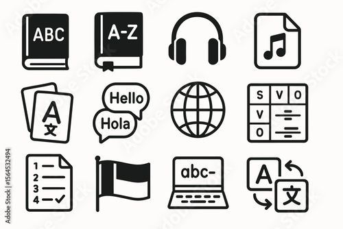 Language learning icons set: books, headphones, music, globe, flags, translation tools