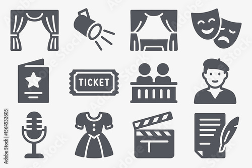 Theater icon set: curtains, lights, masks, tickets, microphone, clapperboard, script