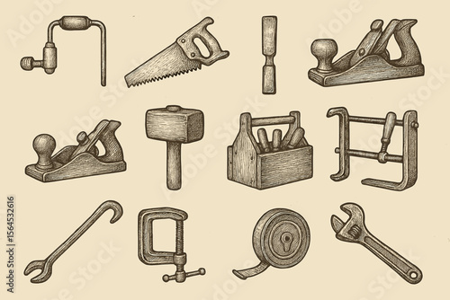 Vintage hand tools collection with hammer, saw, plane, and chisel illustrations