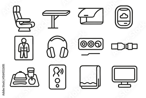 Airplane travel icons set featuring seat, tray table, in-flight entertainment, and more