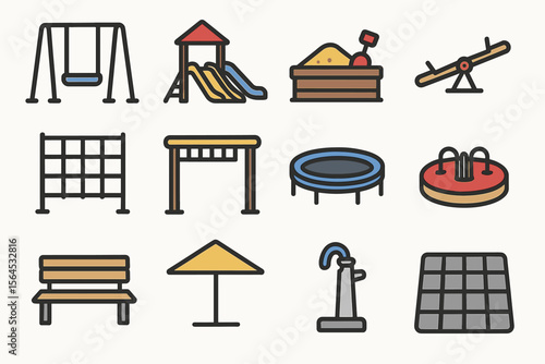 Colorful playground equipment icons: swings, slides, sandbox, seesaw, trampoline