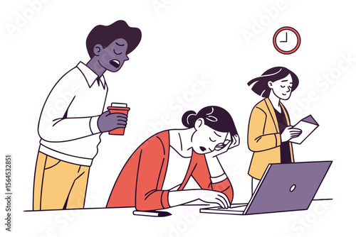 Overworked employees feeling tired and stressed at the office with a clock showing late hours