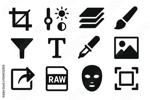 Image editing icons set: crop, brightness, layers, brush, filter, text, dropper, photo, export, raw, mask, focus