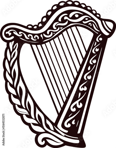 Intricate hand drawn celtic harp illustration with ornate curves and traditional knotwork detailing